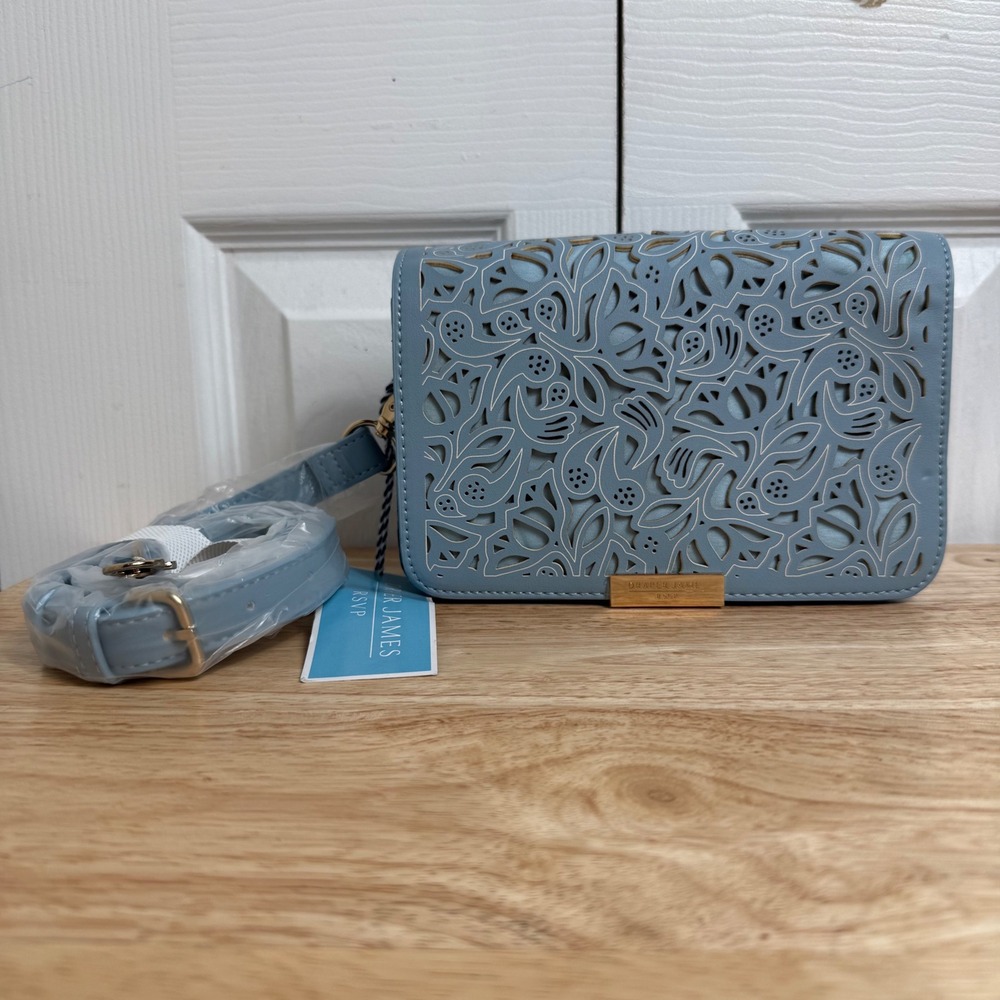 Draper James RSVP Crossbody Bag OS Blue Laser Cut Floral Cottagecore Gold Logo